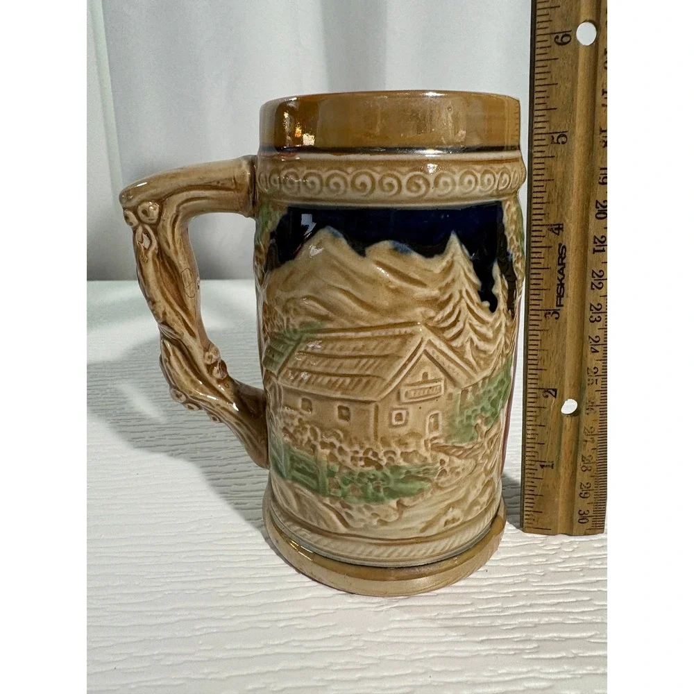 Vintage Ceramic Beer Stein Made in Japan Alpine Cabin Relief Scene Mug S0035